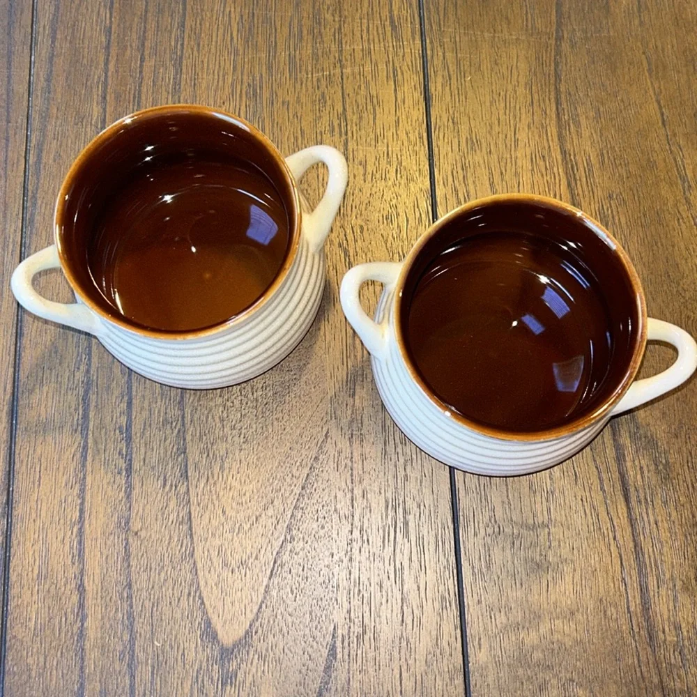 CRATE & BARREL Brunswick Set of 2 Stoneware Soup Chili Bowl Mini Crocks